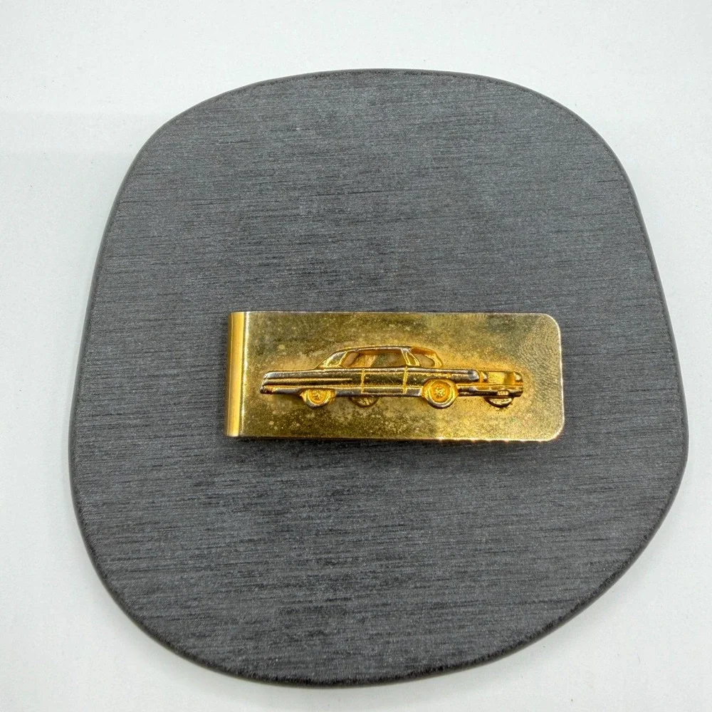 Gold Tone Classic Car Money Clip Raised Automobile Motif Collectible Mens Gift